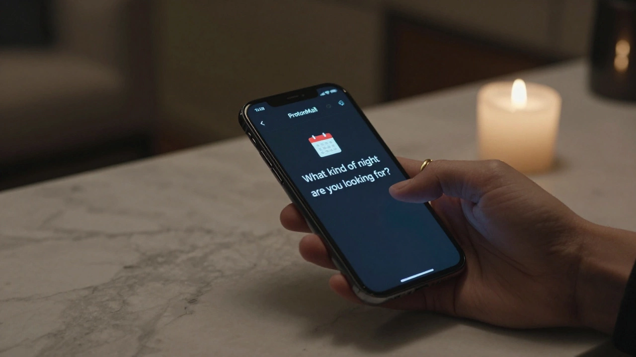 A smartphone displaying an encrypted message about intentions for an evening, candlelight on a marble surface.