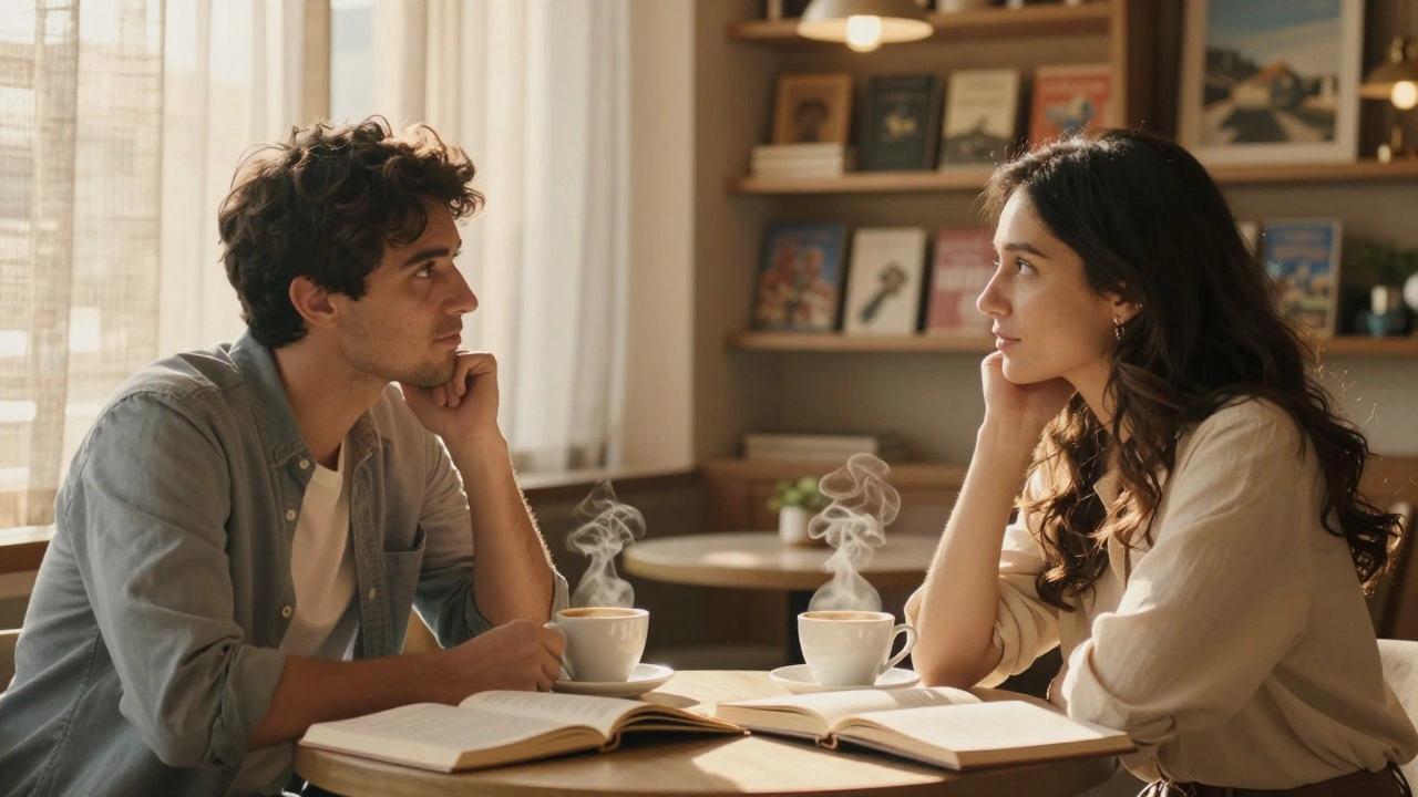 Man and woman sharing a thoughtful conversation in a cozy Jumeirah café at golden hour.