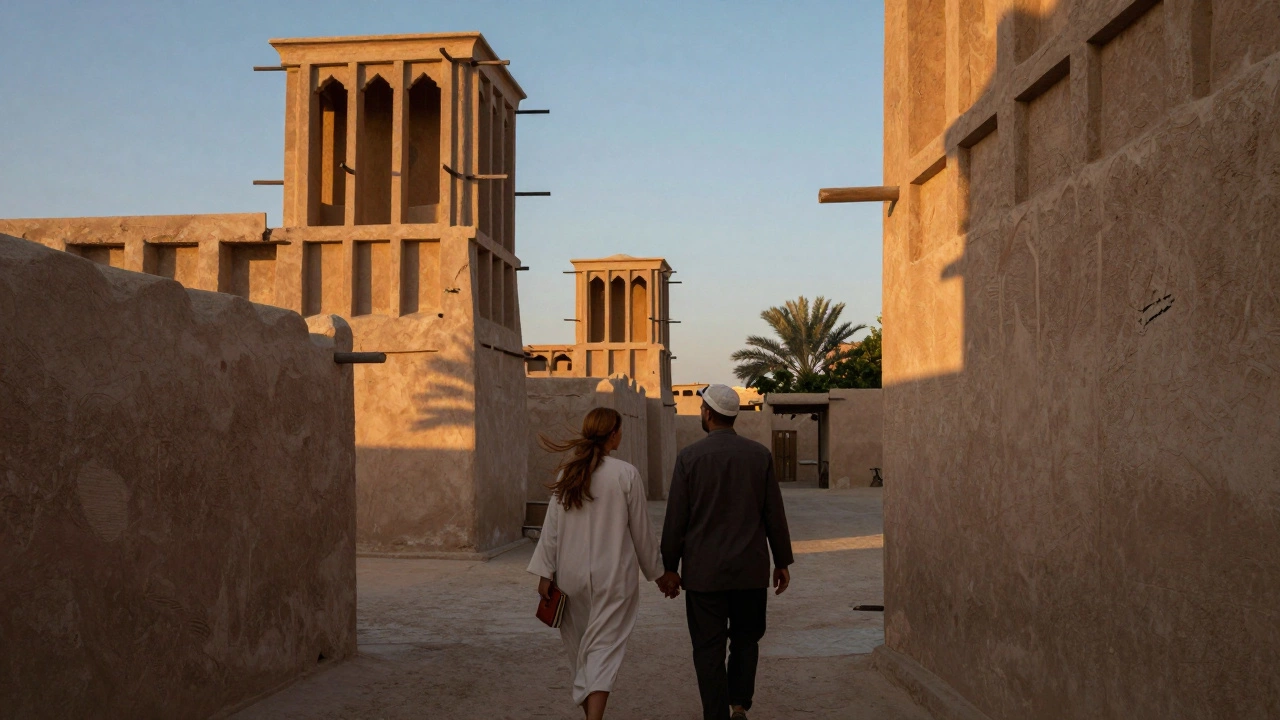 Two people walking through ancient alleyways of Al Fahidi at sunset, books in hand.